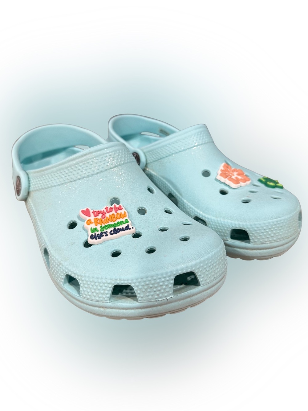 Light Blue Sparkle Crocs with Charms Girls Size J3